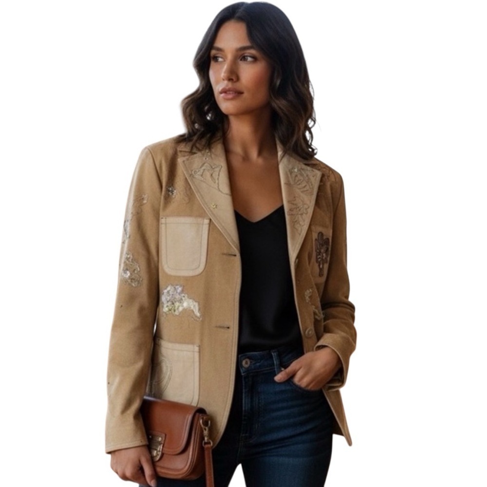 Neiman Marcus Exclusive Leather Floral Embroidered Blazer Jacket Size 10